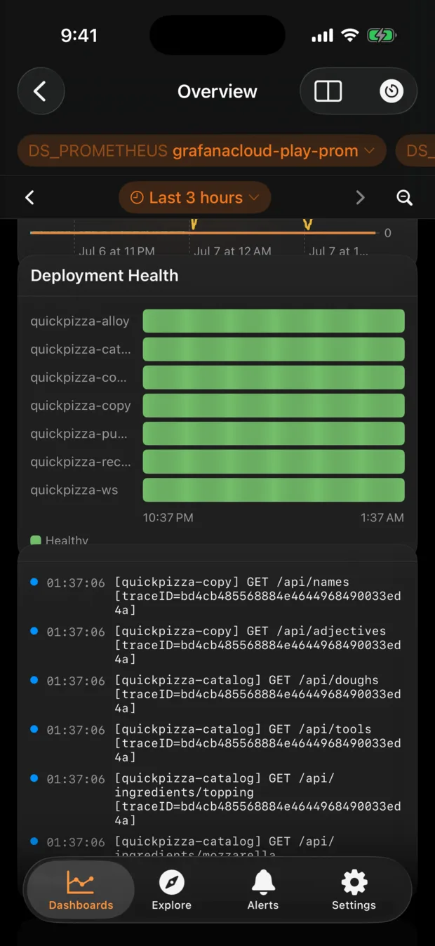 Gaugely logs and state timeline panels